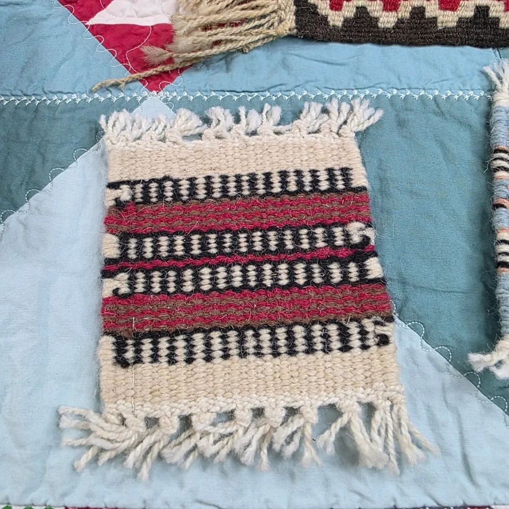 Vintage Southwest Woven Wool Mini Rug Mug Coasters Set of 3 Red Blue Cream